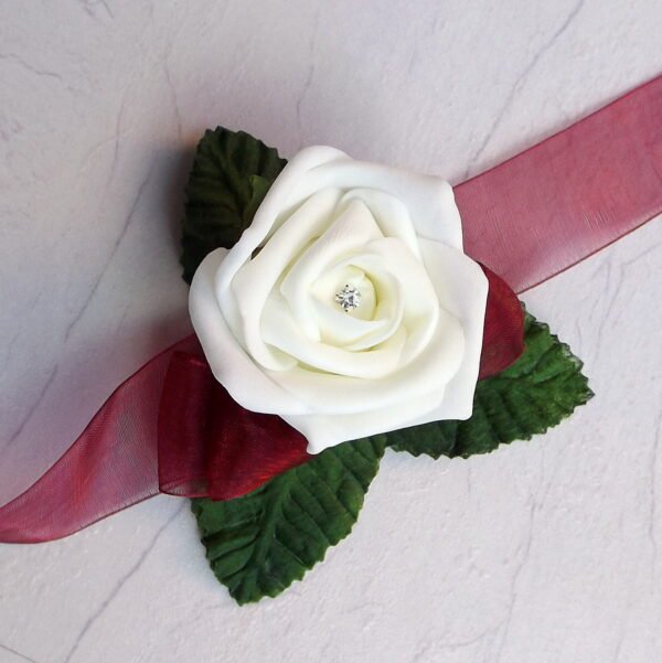 Ivory & Burgundy Artificial Wrist Corsage