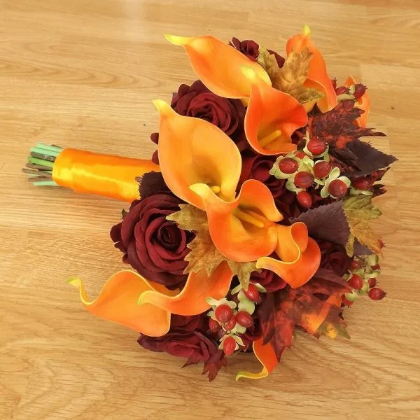 Autumn Burgundy Silk Rose & Orange Calla Brides Bouquet