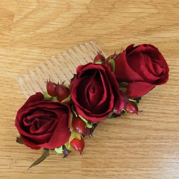 Burgundy Silk Rose Hypericum Hair Comb