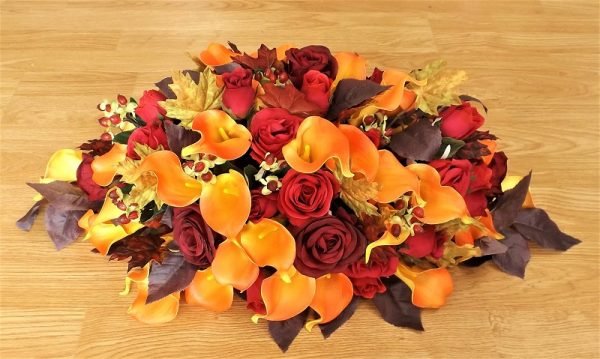 Autumn Burgundy Silk Rose & Orange Calla Table Arrangement