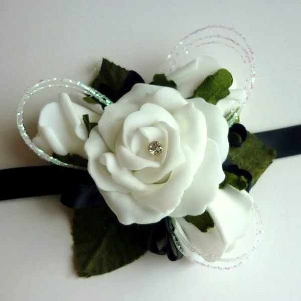 White & Black Artificial Rose Wrist Corsage