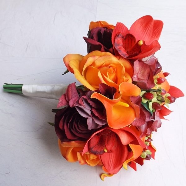 Burgundy Silk Rose & Orange Calla Brides Bouquet