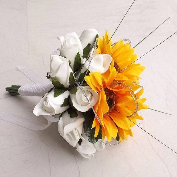 Sunflower and White Artificial Rose Brides Bouquet