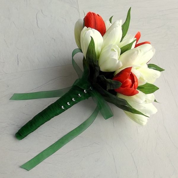 Red, Ivory & Green Silk Tulip Brides Bouquet