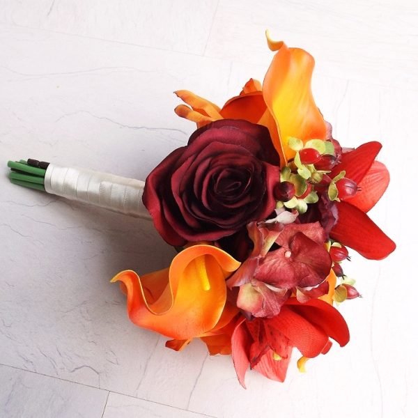 Burgundy Silk Rose & Orange Calla Bridesmaid Bouquet