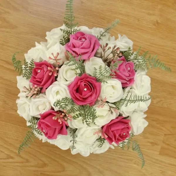 Bright Pink Rose & Fern Artificial Brides Bouquet