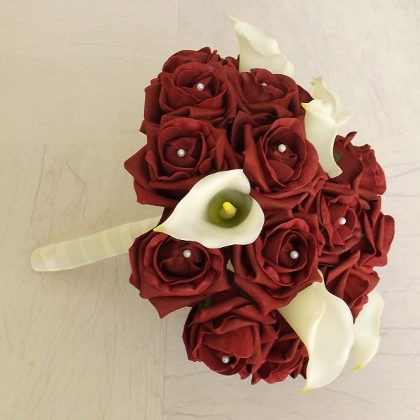 Ivory Calla & Burgundy Rose Artificial Brides Bouquet