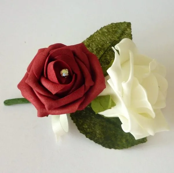 Burgundy and Ivory Artificial Double Corsage