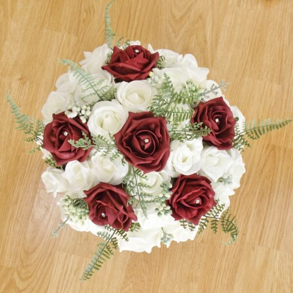 Burgundy Rose & Fern Artificial Brides Bouquet