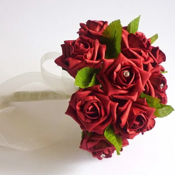 Artificial Burgundy Rose & Leaves Bridesmaid Bouquet