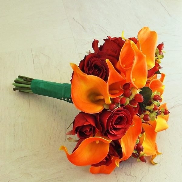 Orange Calla Lily & Red Silk Rose Brides Bouquet