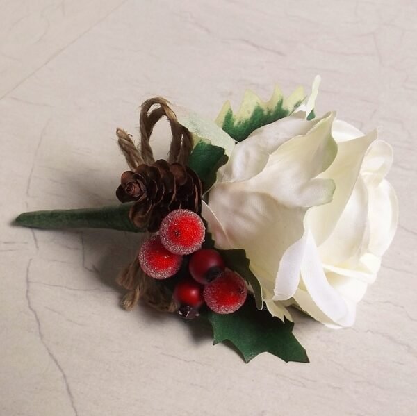 Christmas Ivory Silk Rose Berry Buttonhole