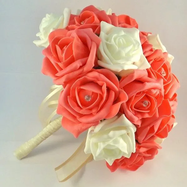 Coral and Ivory Diamante Artificial Brides Bouquet