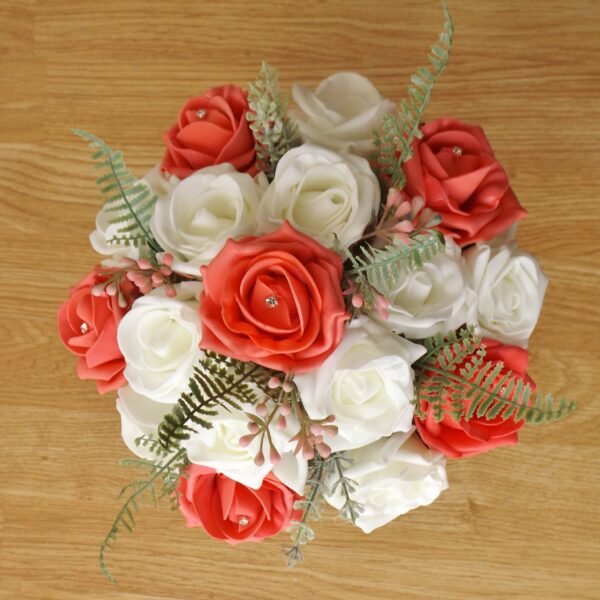 Coral Rose & Fern Artificial Bridesmaid Bouquet