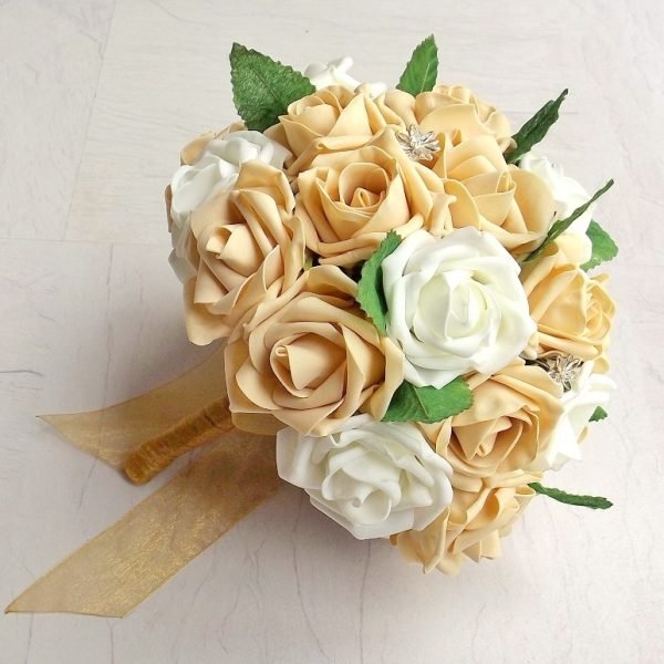 Gold & Ivory Rose Artificial Brides Bouquet