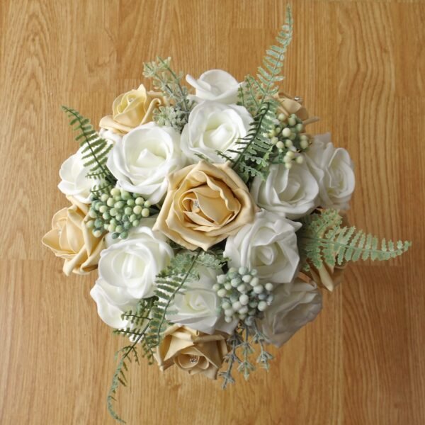 Gold Rose & Fern Artificial Bridesmaid Bouquet