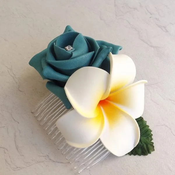 Teal Rose & Frangipani Hair Comb