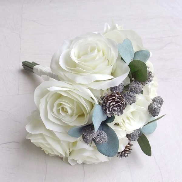 Winter Berry and Pinecone Ivory Rose Bridesmaid Bouquet