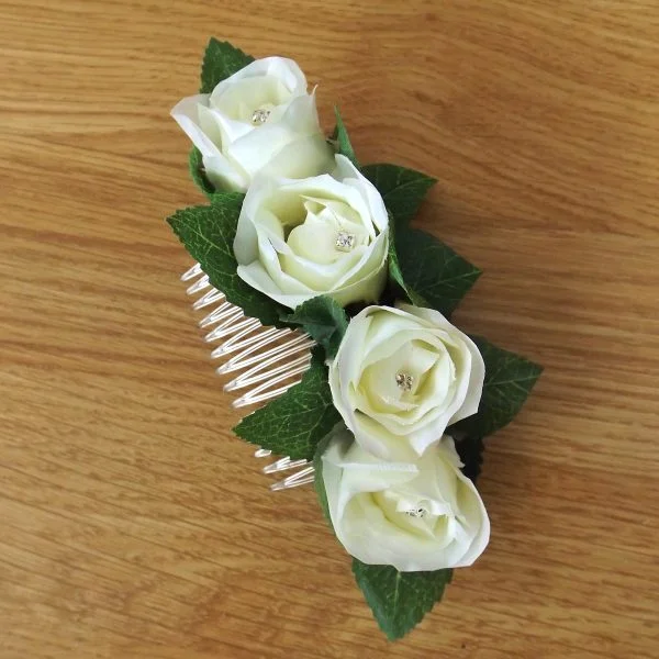 Ivory Silk Rose & Leaves Hair Comb