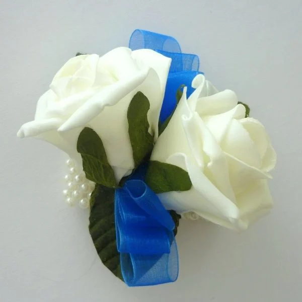 Ivory & Royal Blue Artificial Wrist Corsage