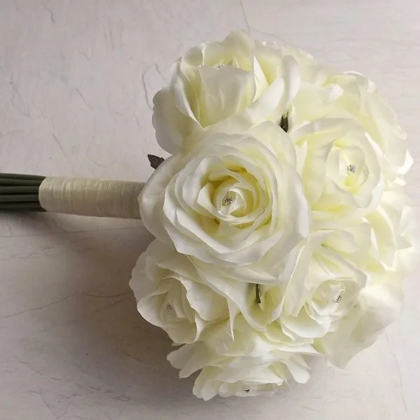 Ivory Diamante Silk Rose Brides Bouquet