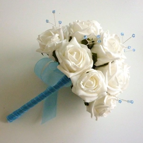 Artificial White & Light Blue Bridesmaid Bouquet