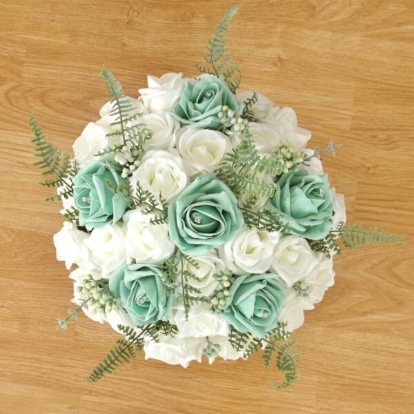 Mint Green Rose & Fern Artificial Brides Bouquet