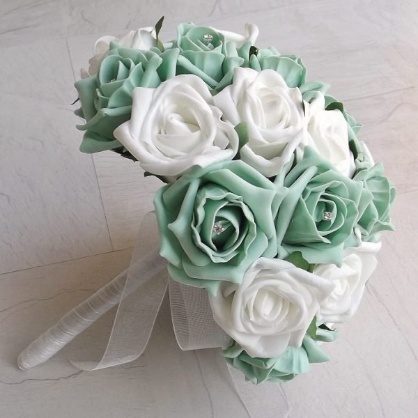 Mint Green and White Rose Artificial Brides Bouquet