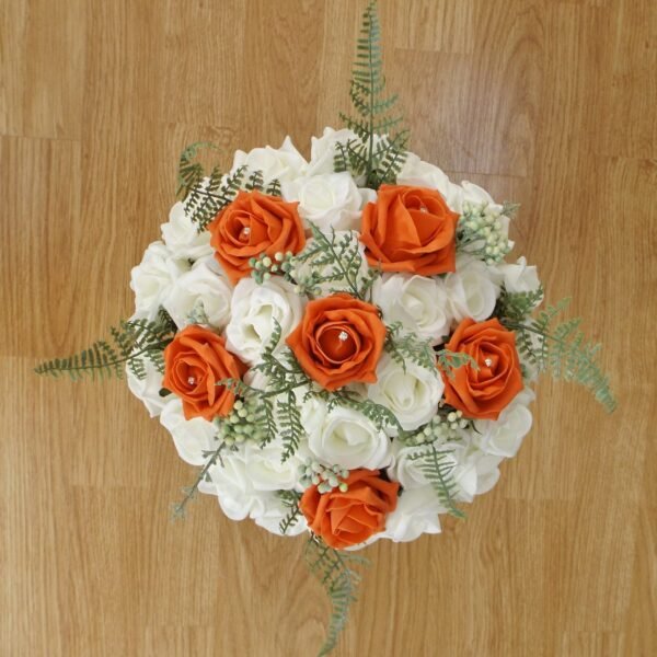 Orange Rose & Fern Artificial Brides Bouquet