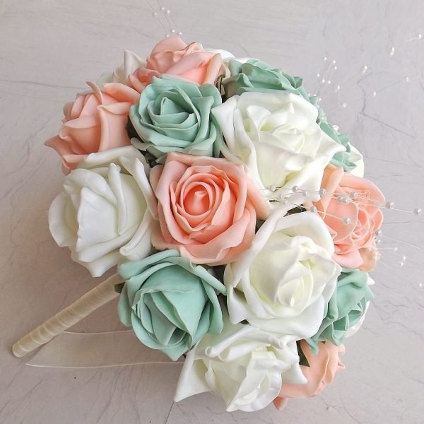 Peach and Mint Artificial Brides Bouquet