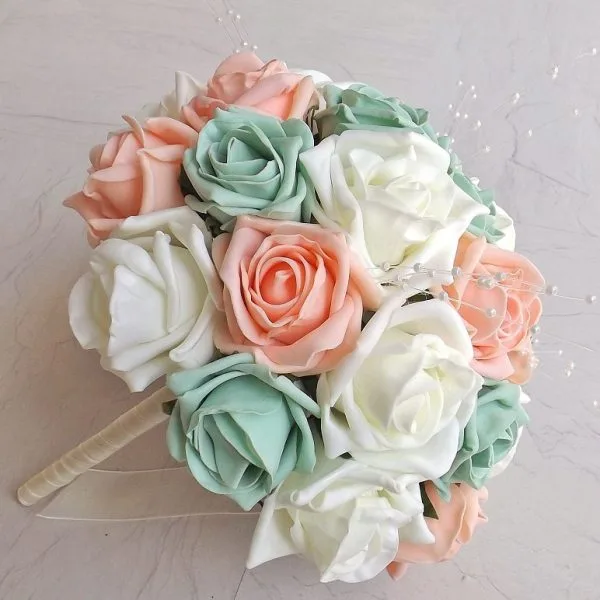 Peach and Mint Artificial Brides Bouquet