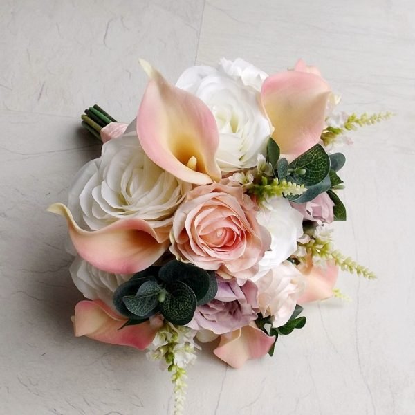 Light Pink Calla & White Silk Rose Brides Bouquet