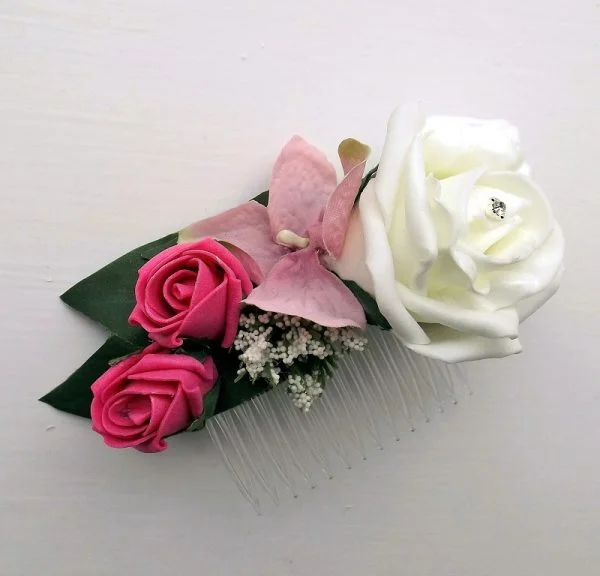 Ivory & Bright Pink Hydrangea Hair Comb