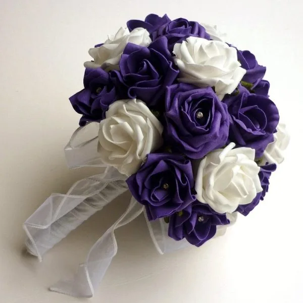 Purple and White Artificial Rose Brides Bouquet