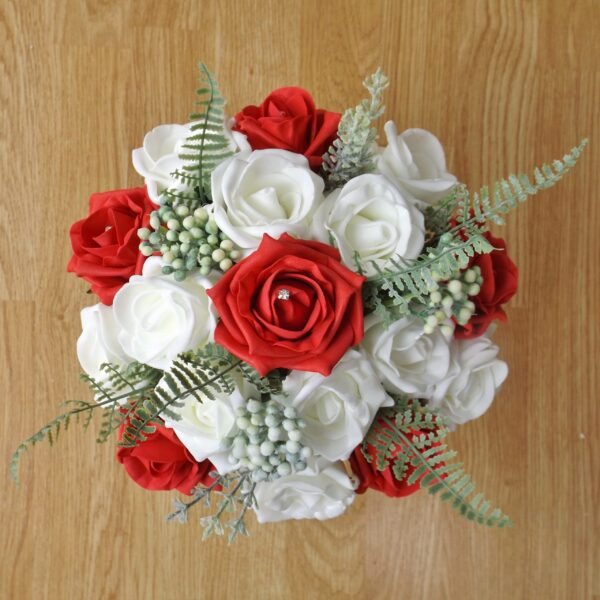 Red Rose & Fern Diamante Artificial Bridesmaid Bouquet