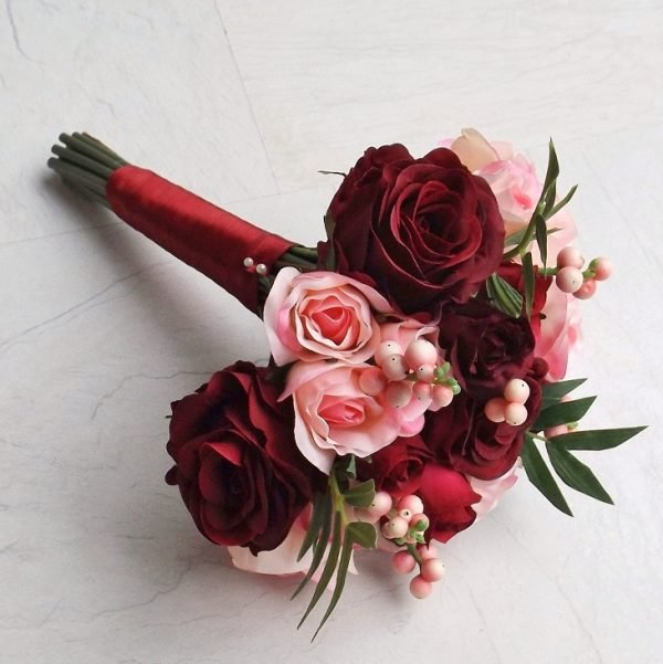 Burgundy and Light Pink Silk Bridesmaid Bouquet