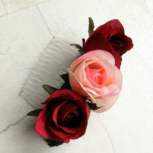 Burgundy & Light Pink Silk Rose Hair Comb