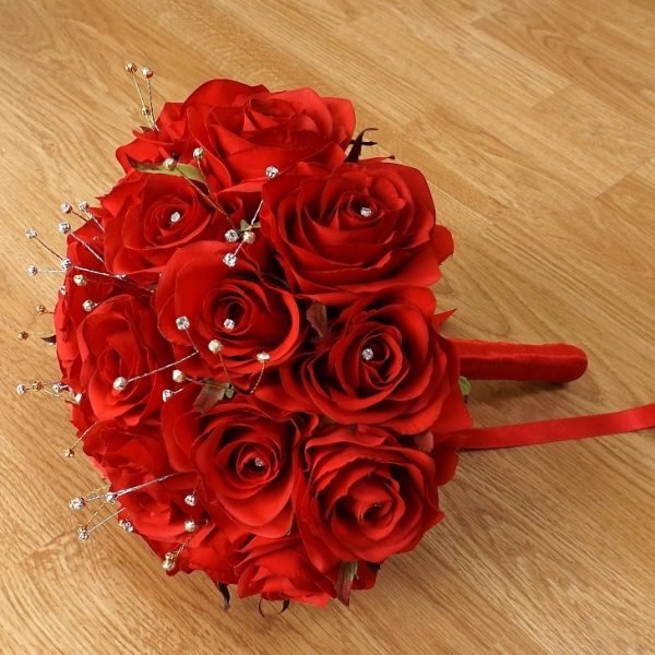 Red Silk Rose Dimante Spray Brides Bouquet