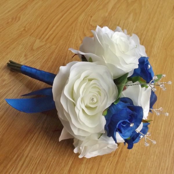 Royal Blue & Ivory Silk Rose Artificial Bridesmaid Bouquet