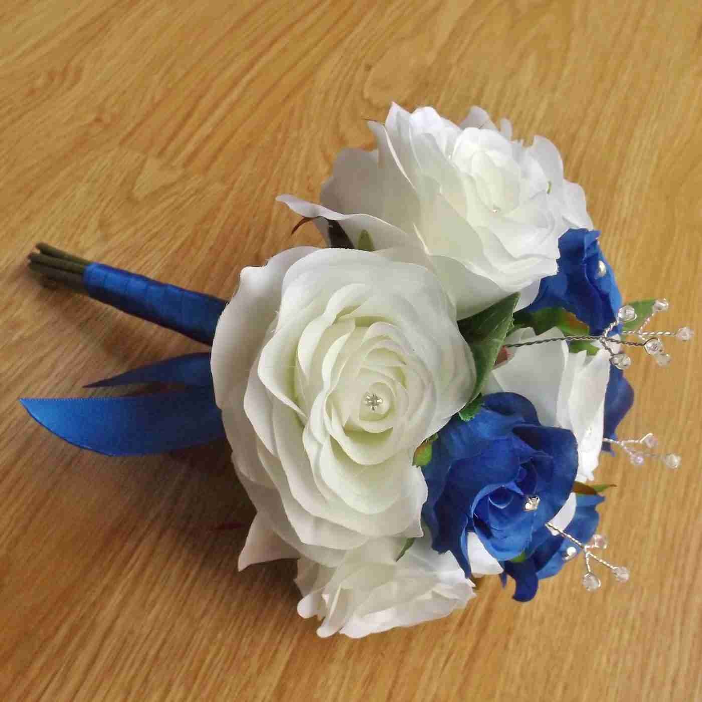 Royal Blue And Ivory Silk Rose Bridesmaid Bouquet Artificial Bouquets 3718