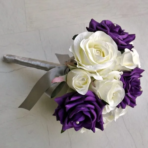 Purple & Ivory Silk Rose Bridesmaid Bouquet