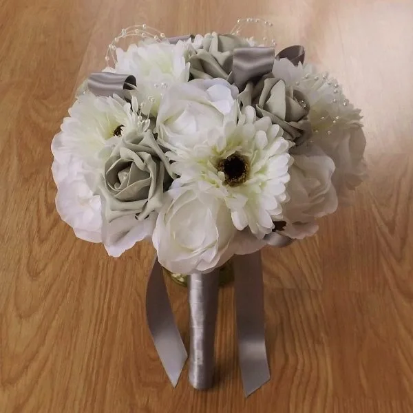 Silver Rose & White Gerbera Silk Brides Bouquet