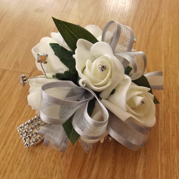 Silver & Ivory Dimante Rose Wrist Corsage