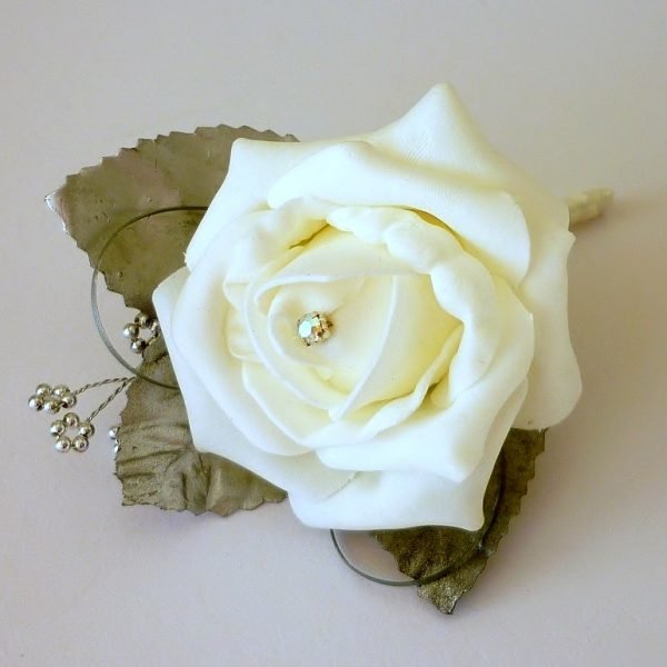 Artificial Silver Leaf Diamante Rose Buttonhole