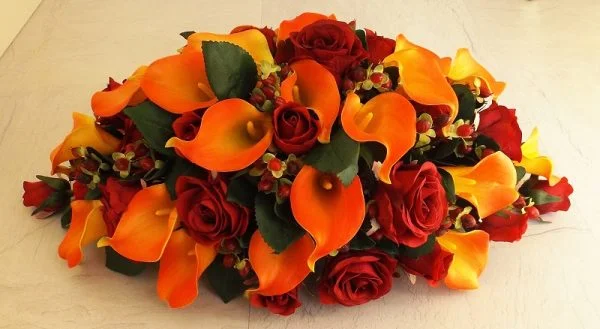 Red Silk Rose & Orange Calla Table Arrangement