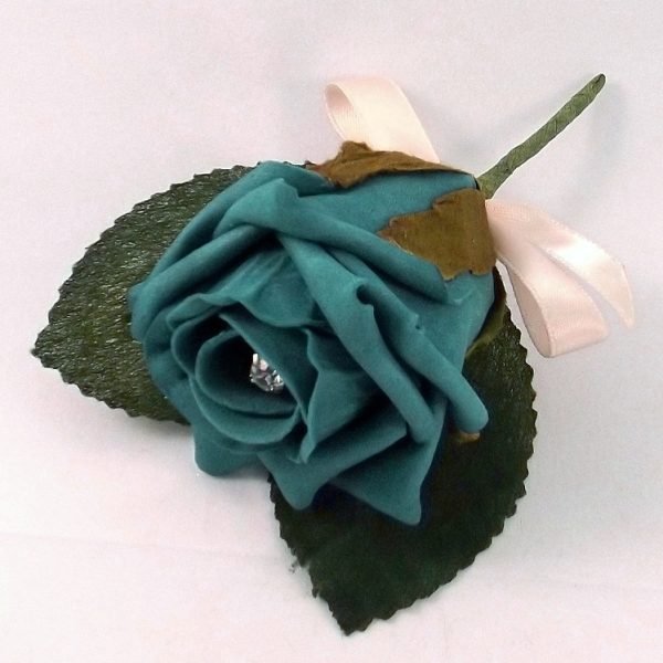 Teal Artificial Diamante Rose Buttonhole