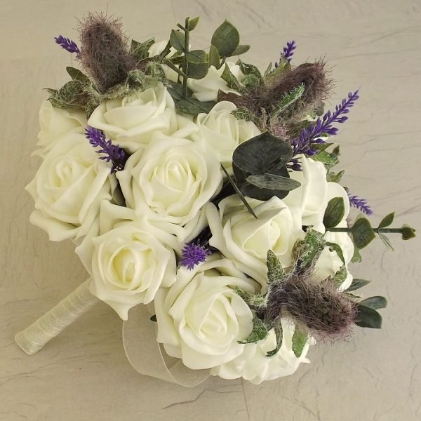 Heather, Thistle & Ivory Rose Brides Bouquet