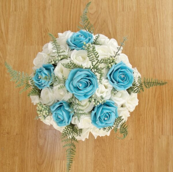 Turquoise Rose & Fern Artificial Bride Bouquet