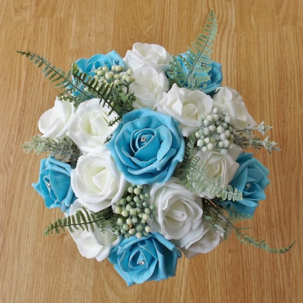 Turquoise Rose & Fern Artificial Bridesmaid Bouquet