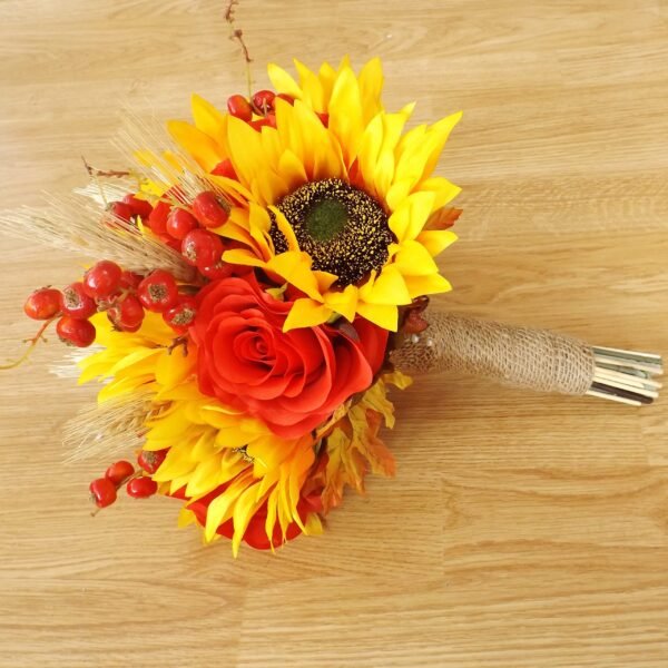 Sunflower, Wheat & Red Rose Brides Bouquet